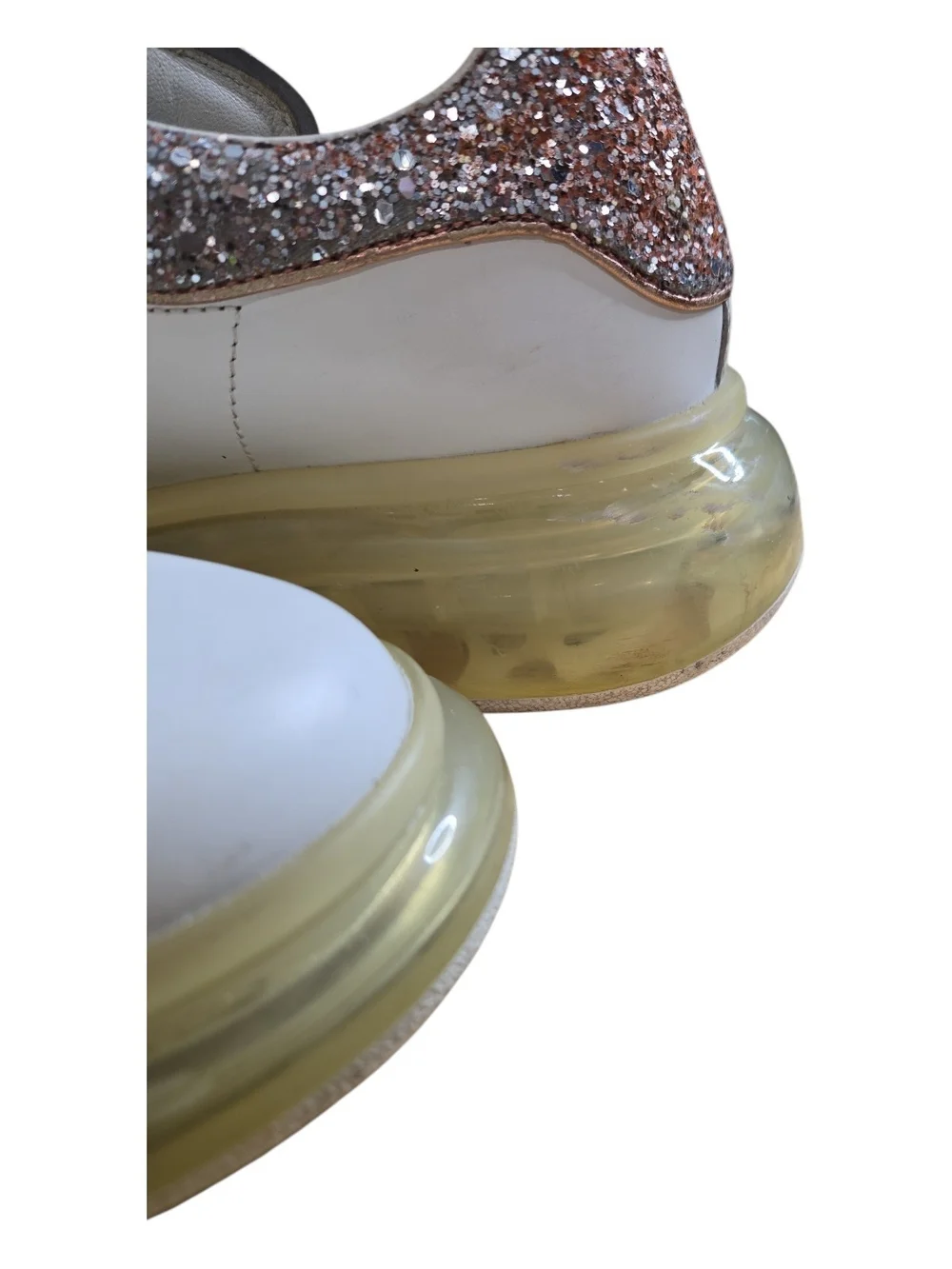 Alexander McQueen Oversized White Leather Glitter Heel Sneakers
